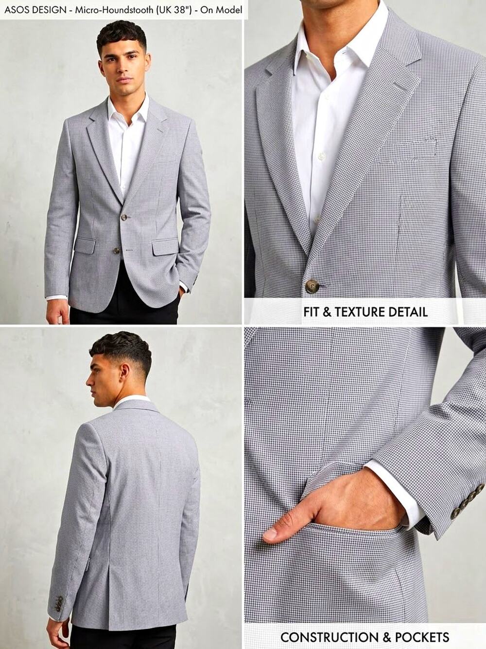 ASOS DESIGN Men's Gray Houndstooth Blazer Jacket 38 Two-Button Notch Lapel